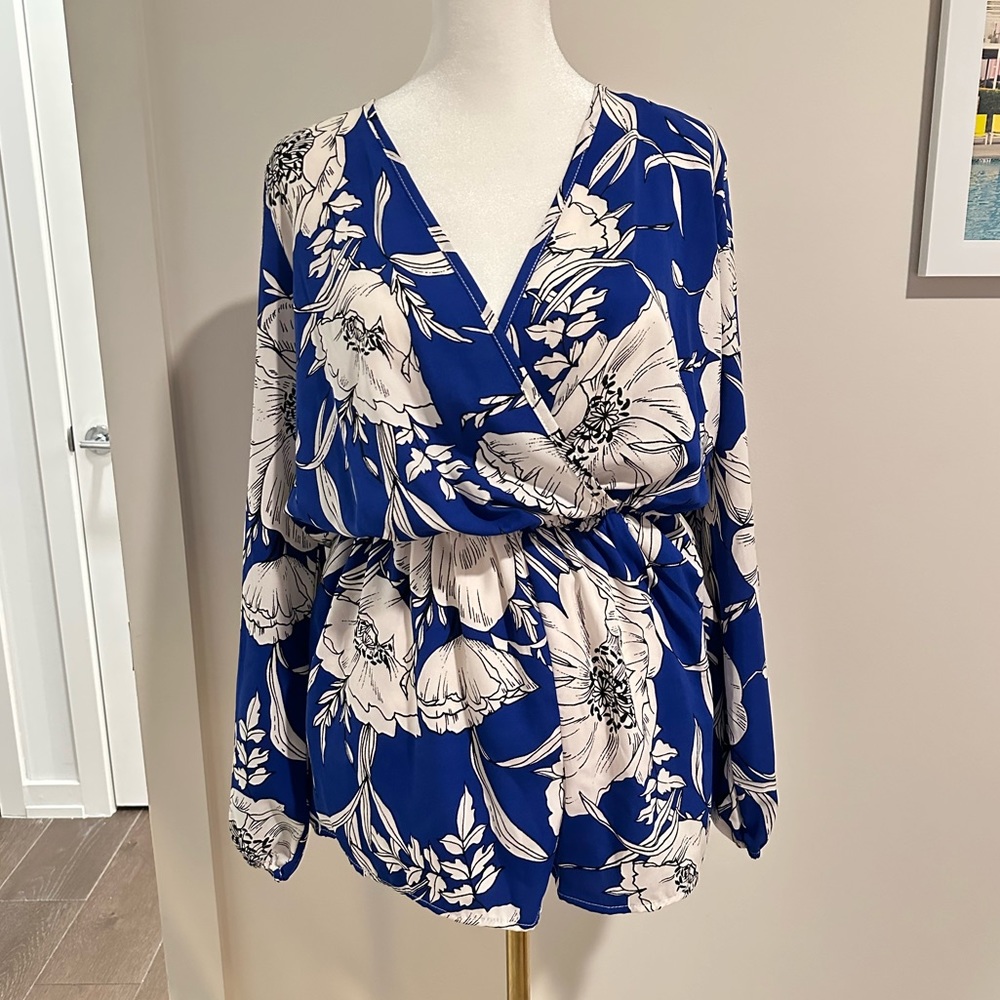 Blue, Black & White Floral Long Sleeve Romper